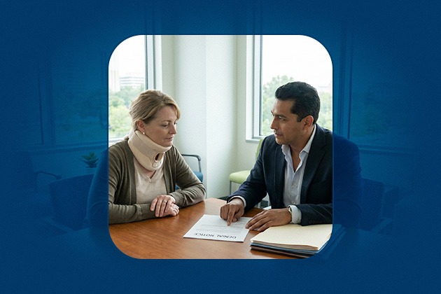 A disability attorney reviews an ssdi denial notice with a woman wearing a neck brace