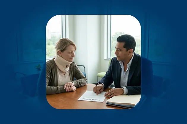A disability attorney reviews an ssdi denial notice with a woman wearing a neck brace